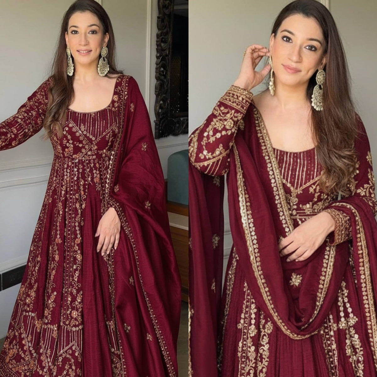 Anarkali Kleid Bordeaux mit Dupatta, Größe M