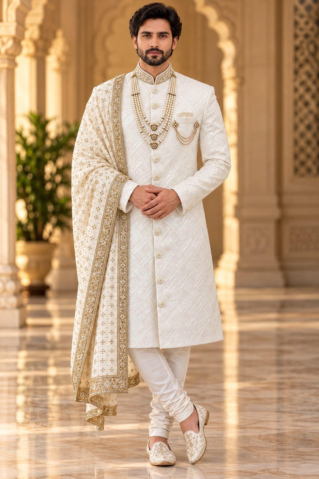 Ivory Sherwani with Gold-Tone Detailing – Size 40