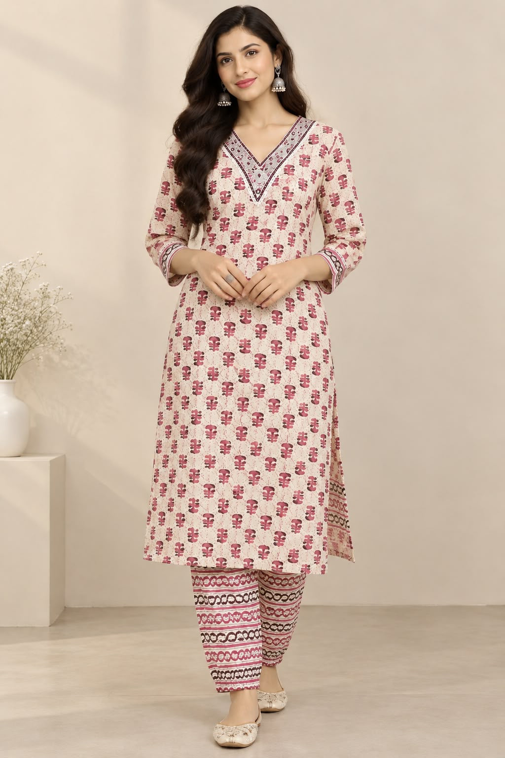 Cream & Pink Printed Kurta Set – L size