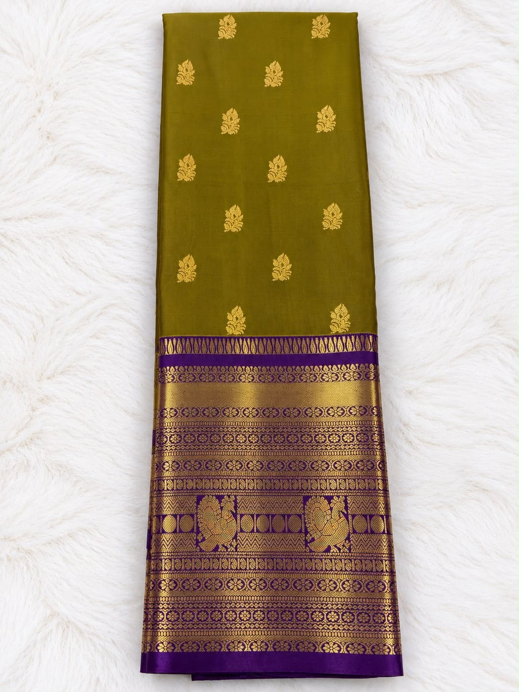 Olive Green Kanchi Butta Silk Saree with Rich Pallu & Purple Blouse