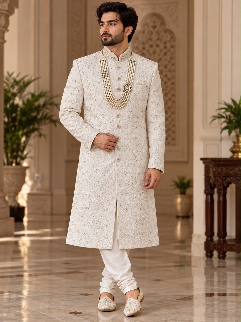 Ivory Sherwani with Pastel Detailing – Size 36