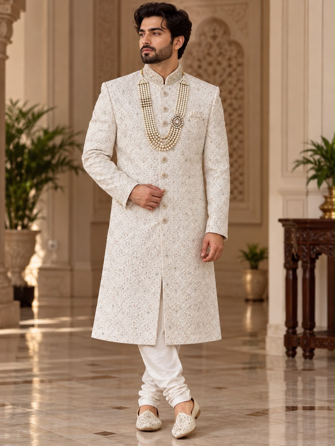 Ivory Sherwani with Pastel Detailing – Size 36