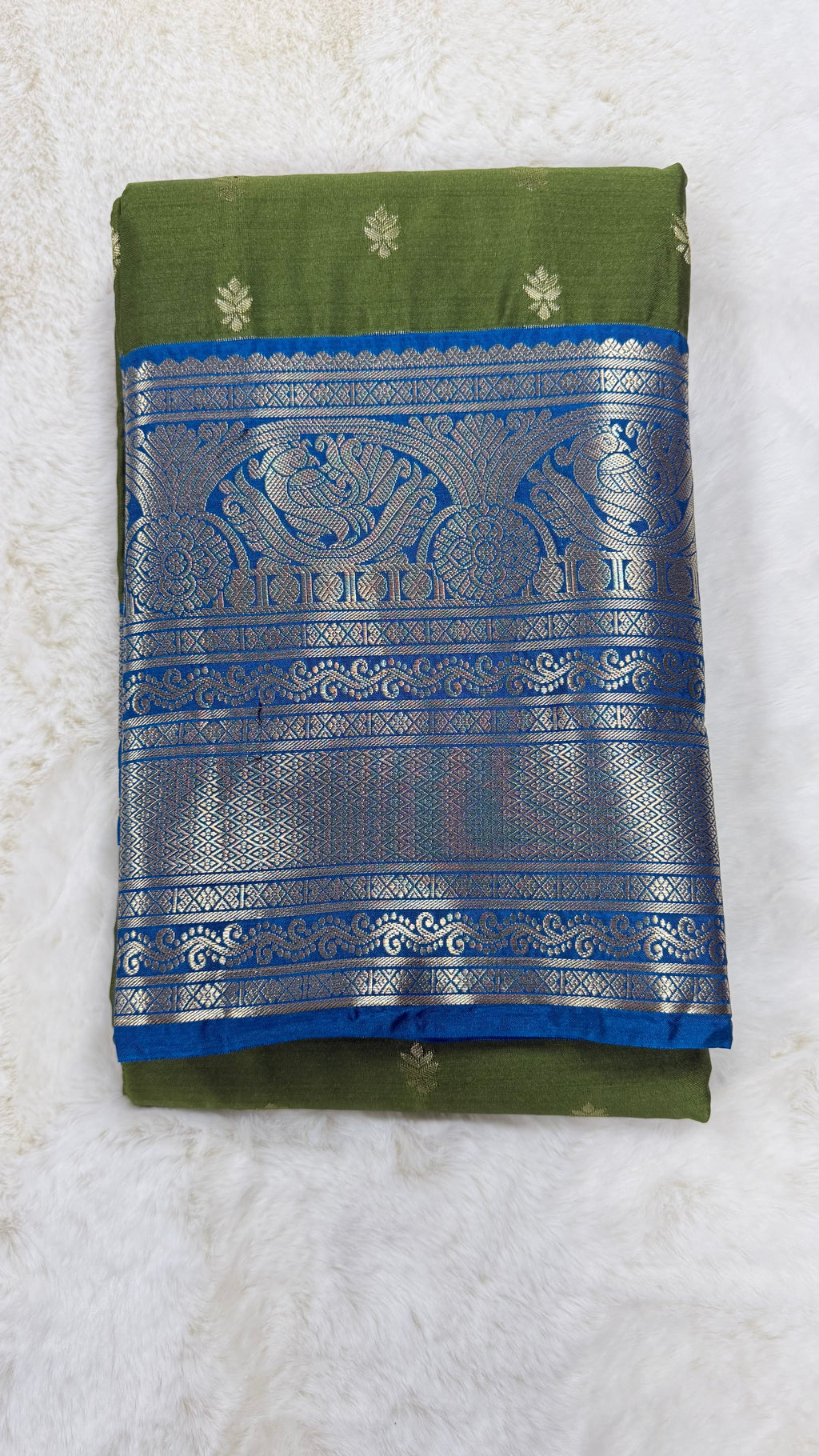 Olive Green Silk Saree with Royal Blue Zari Border