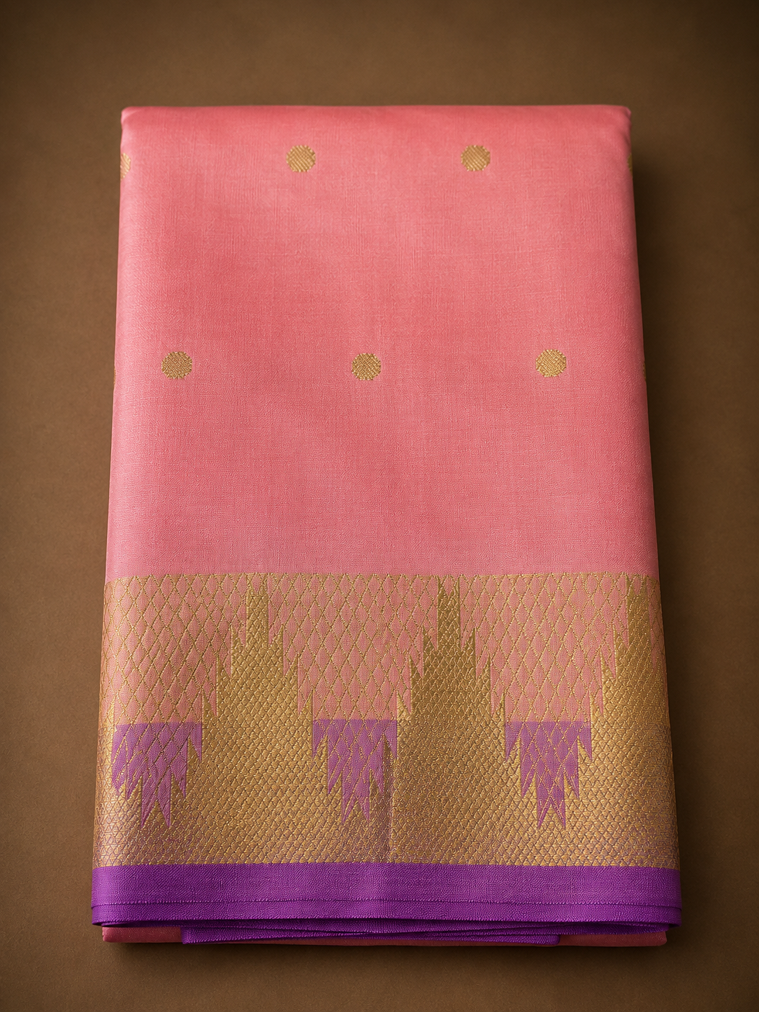 Cotton Soft Silk Saree Lachs mit lila Bordüre