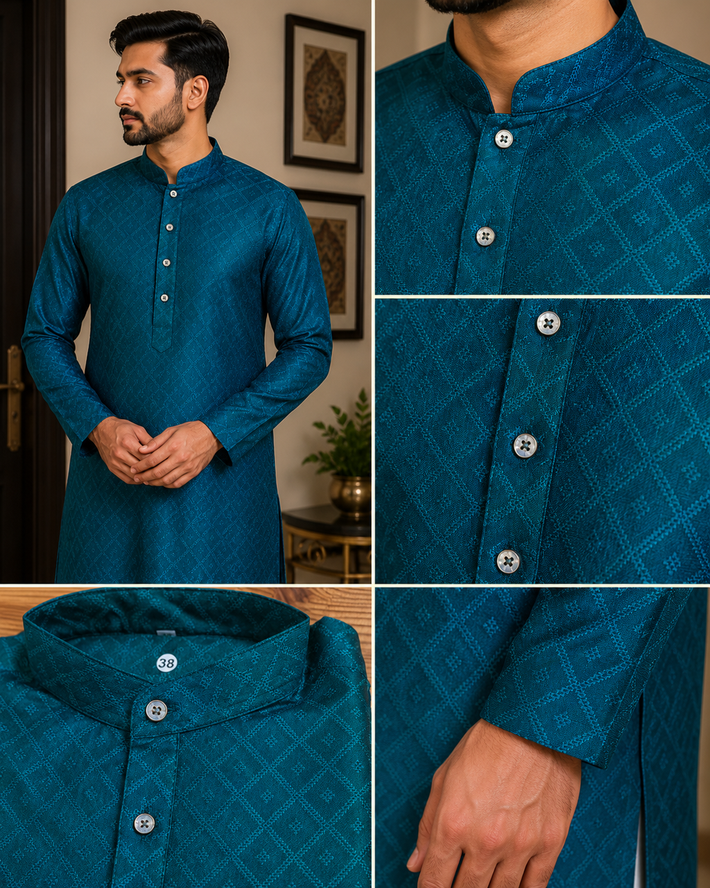 Teal Jacquard Men's Kurtha