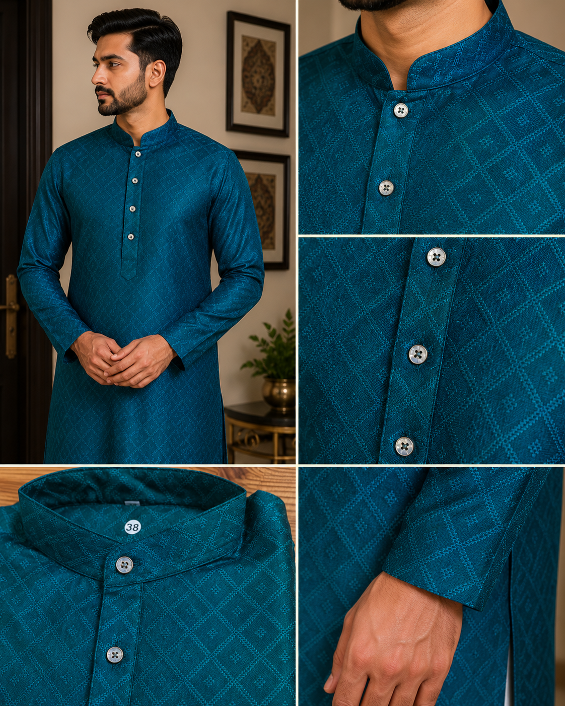 Teal Jacquard Men's Kurtha