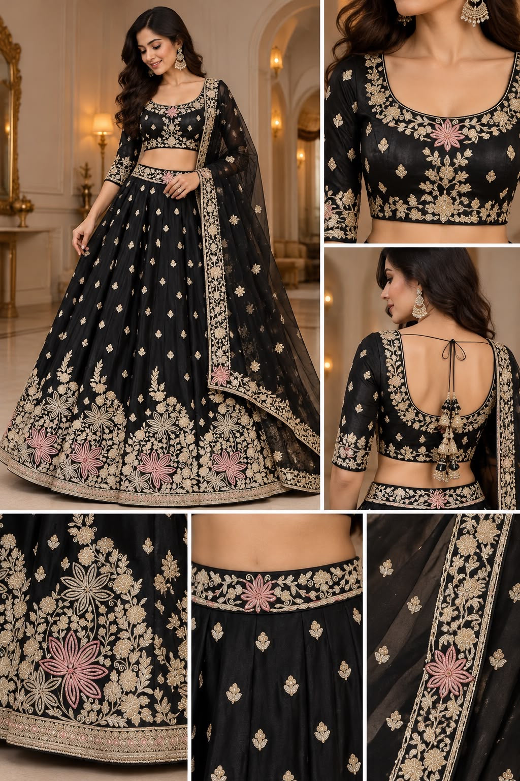 Black Floral Embroidered Unstitched Lehenga