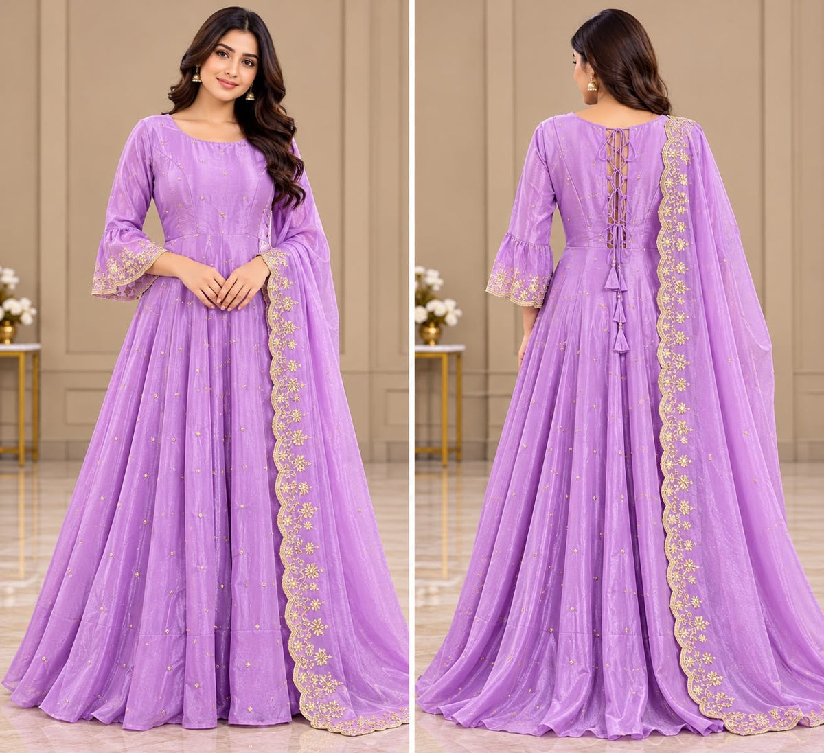 Lavender Anarkali Outfit with Gold-Tone Detailing