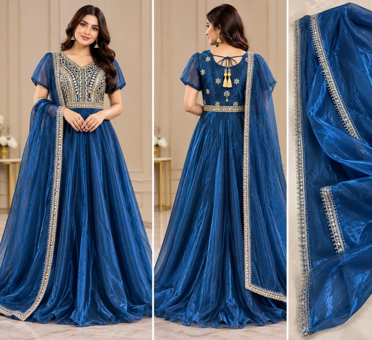 Royal Blue Embellished Anarkali Dress – Size L