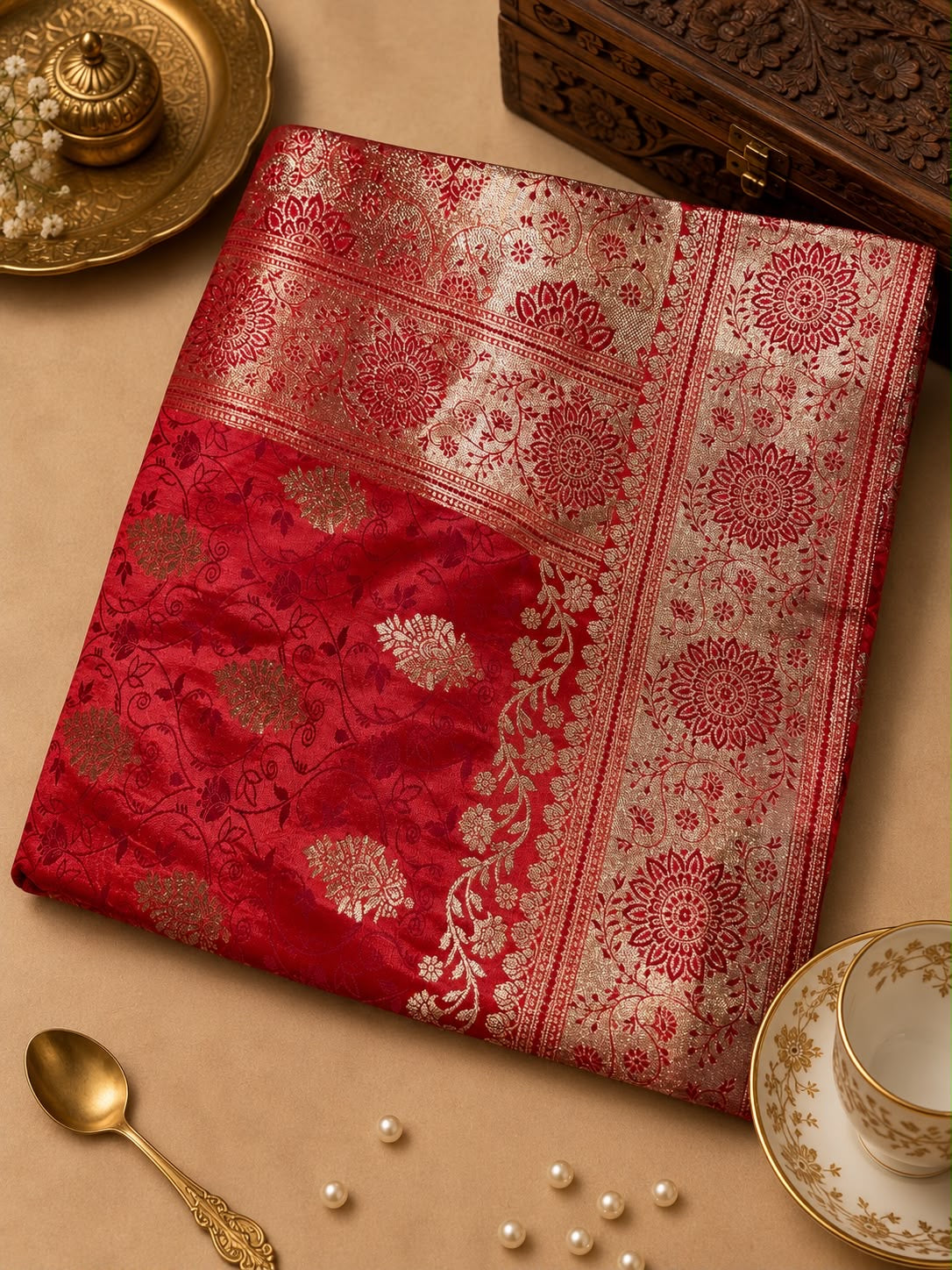 Red Bridal Banarasi Silk Saree with Gold Zari Floral Vine & Mandala Border