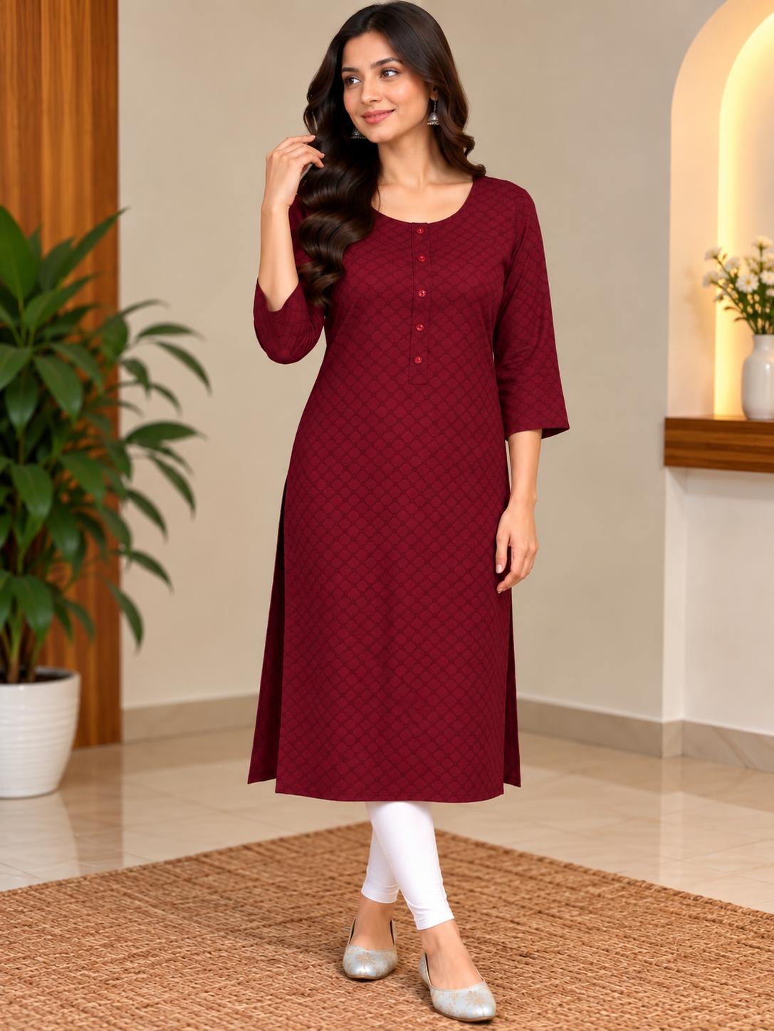 Bordeauxrotes Damen-Kurta-Top mit dezentem Rautenmuster, abgebildete Hose nicht enthalten