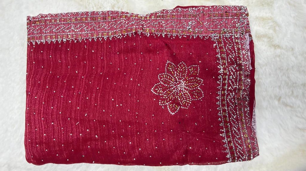 Crimson Georgette Saree – Beaded & Rhinestone Embellished