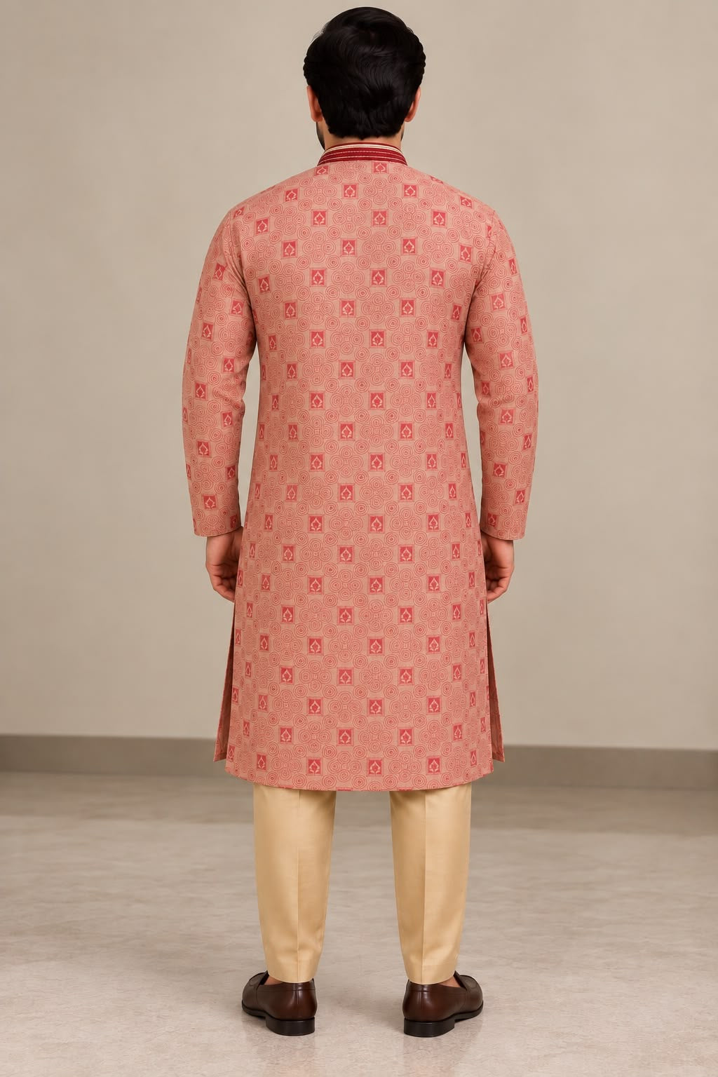 Men's Pink Kurta Beige Trousers 38 Size