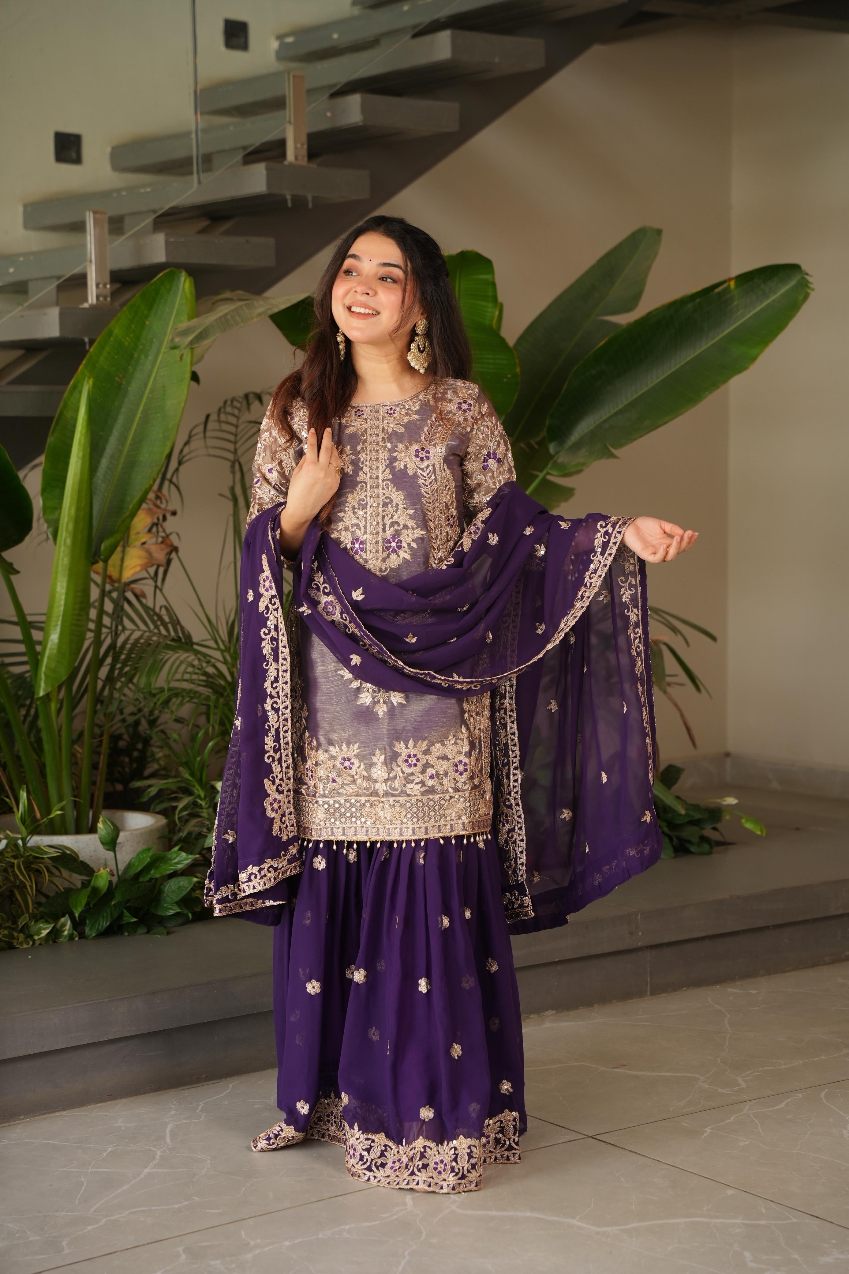 Purple Sharara Set with Gold Embroidered Kurta M size