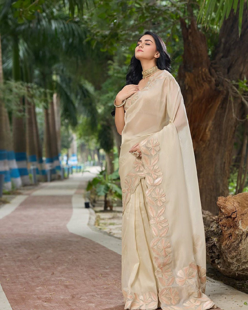 Cream Silk Saree with Gold Leaf Embroidery