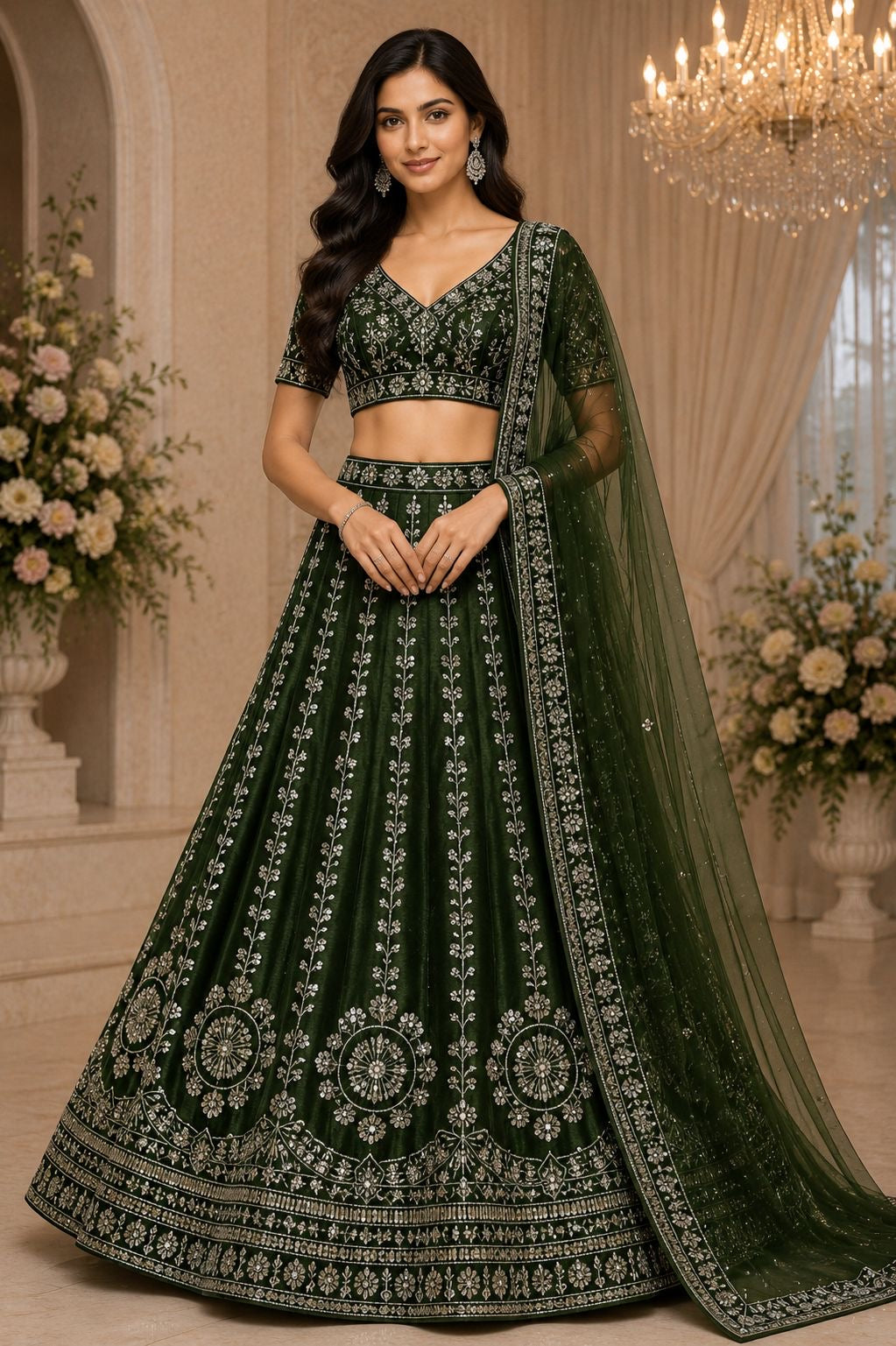 Green Embroidered Lehenga Unstiched