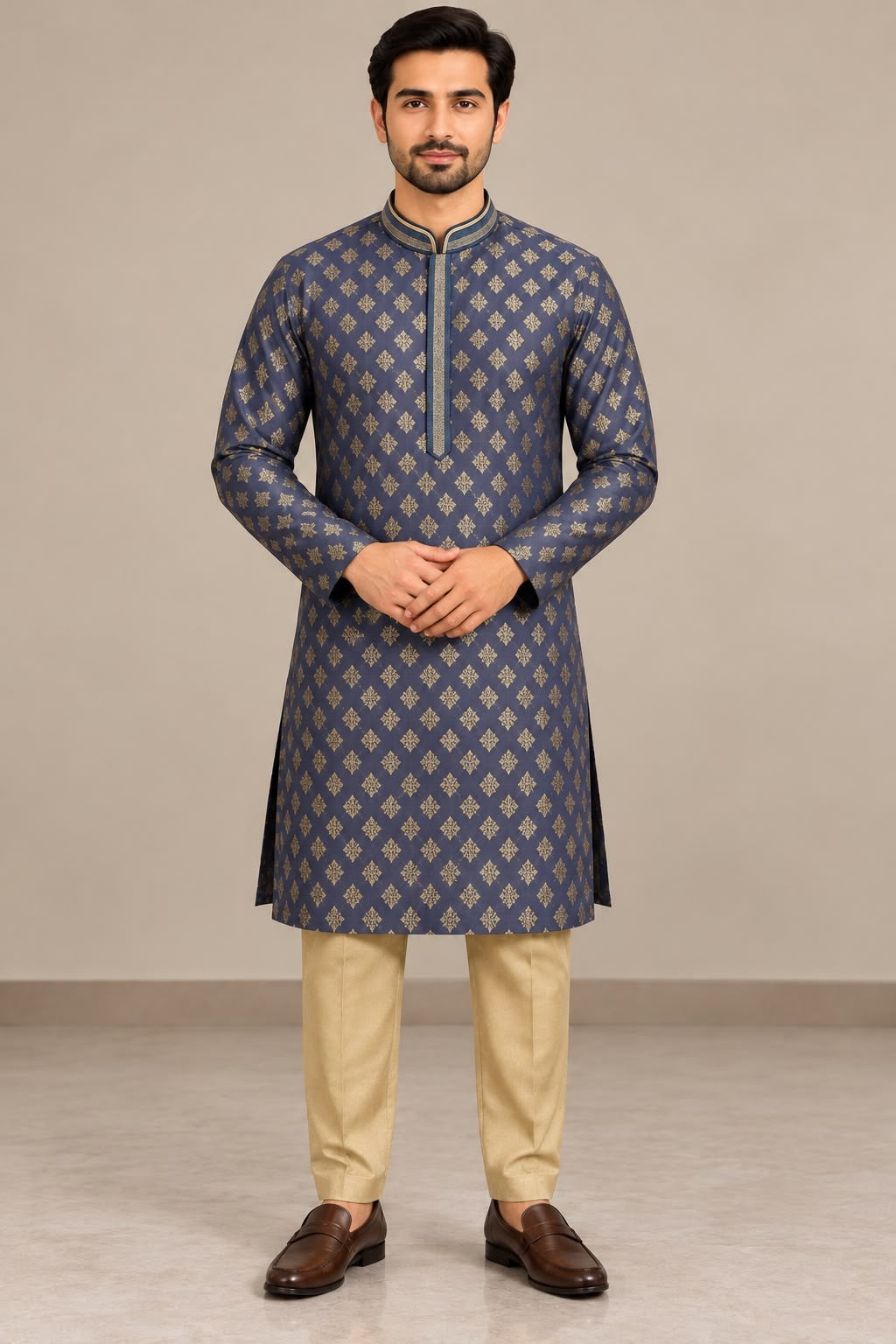 Men's Grey Kurta with Gold Pattern and Beige Trousers 40 Size