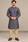 Men's Grey Kurta with Gold Pattern and Beige Trousers 40 Size