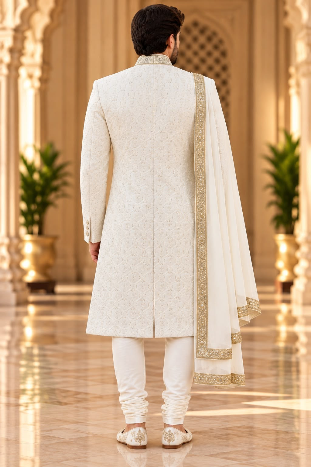 Ivory Sherwani with Diamond Floral Detailing – Size 44
