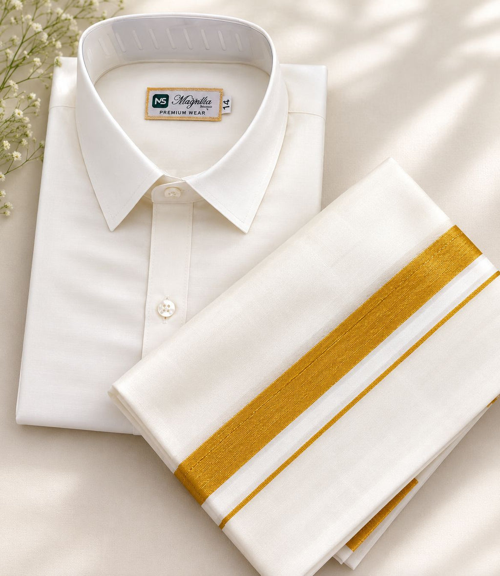 Boys Veshti & Hemd Set – Weiß/Gold (11–13 Jahre)