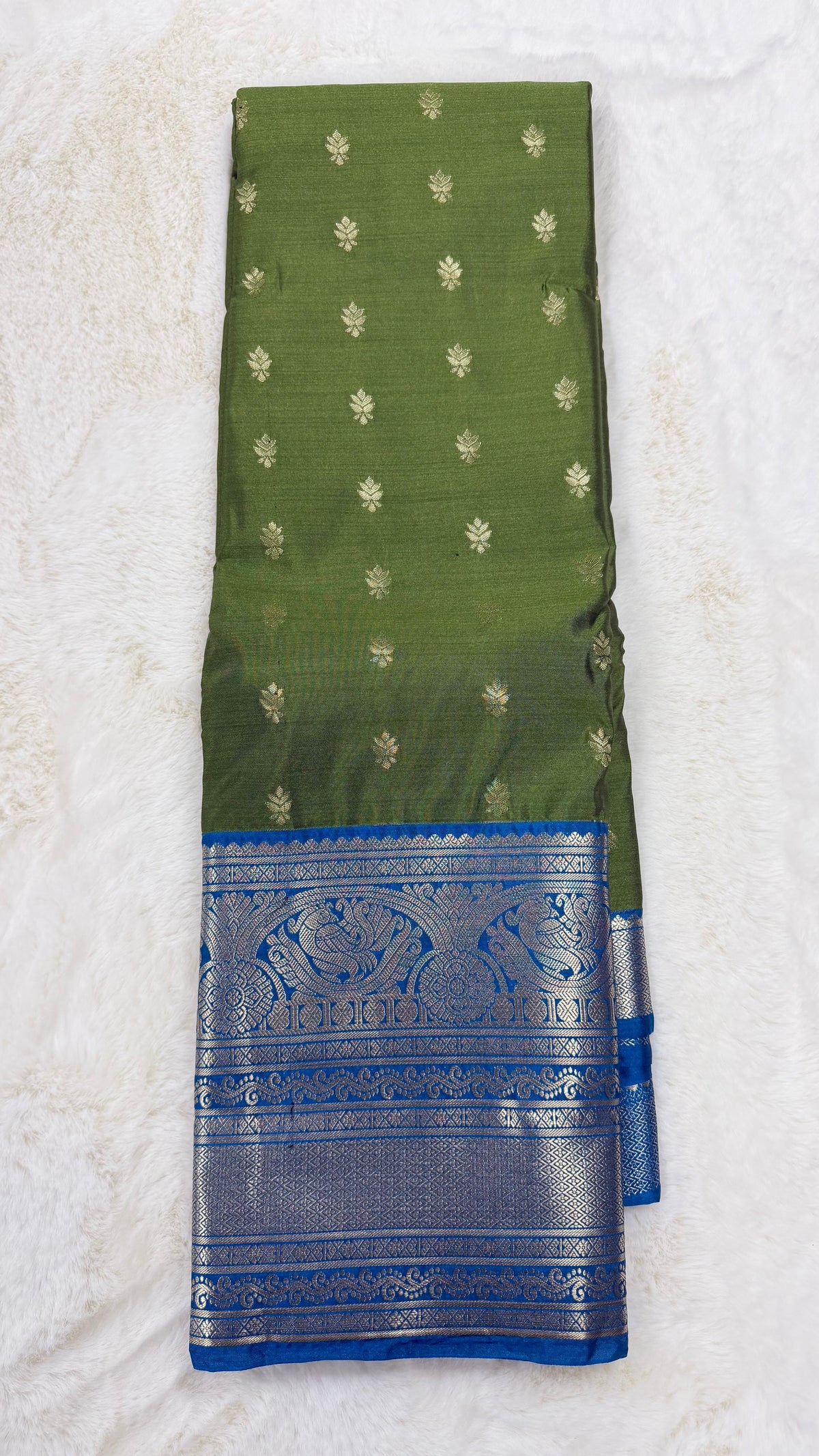 Olive Green Silk Saree with Royal Blue Zari Border