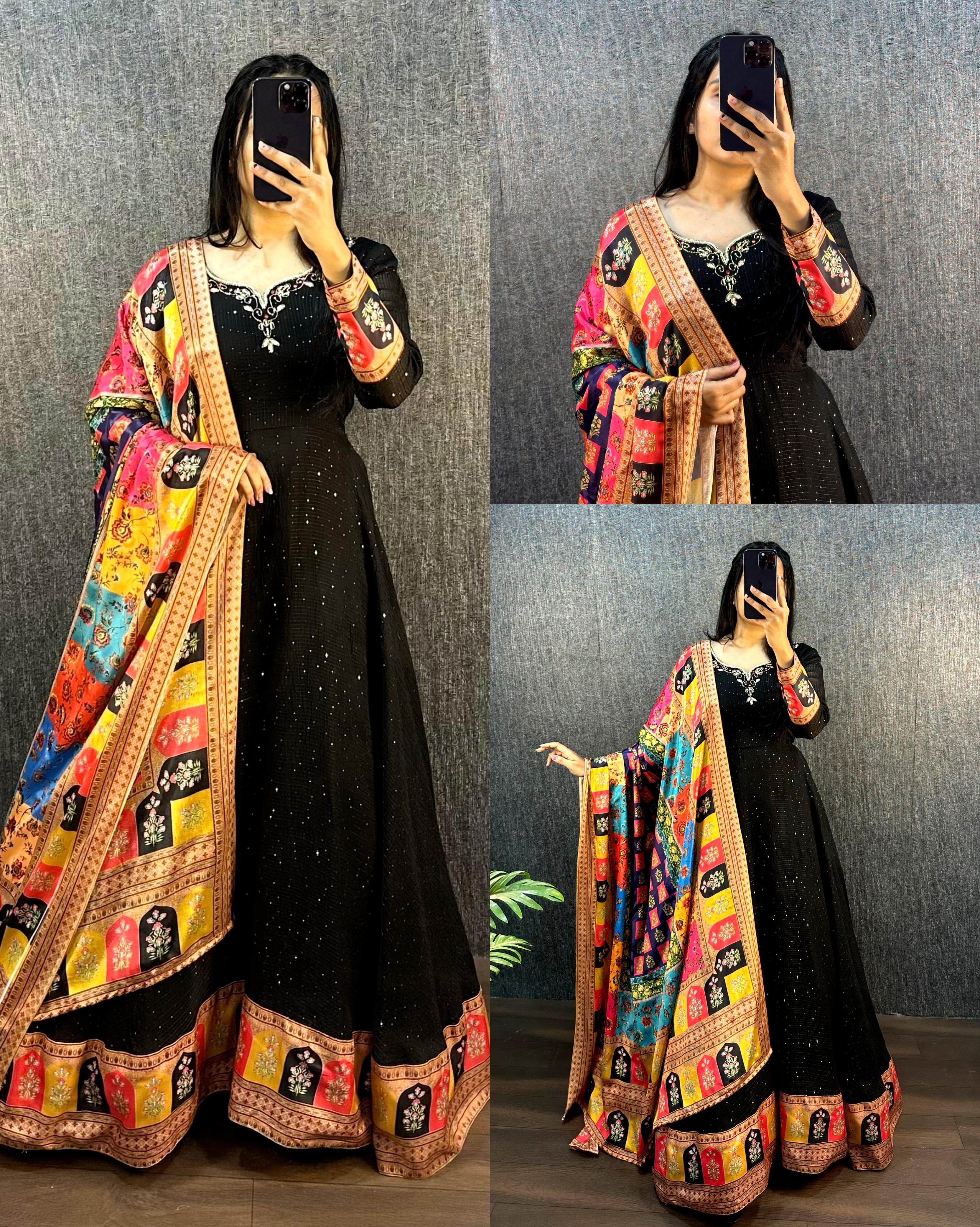 Black Sequin Anarkali Set with Multicolour Dupatta XL