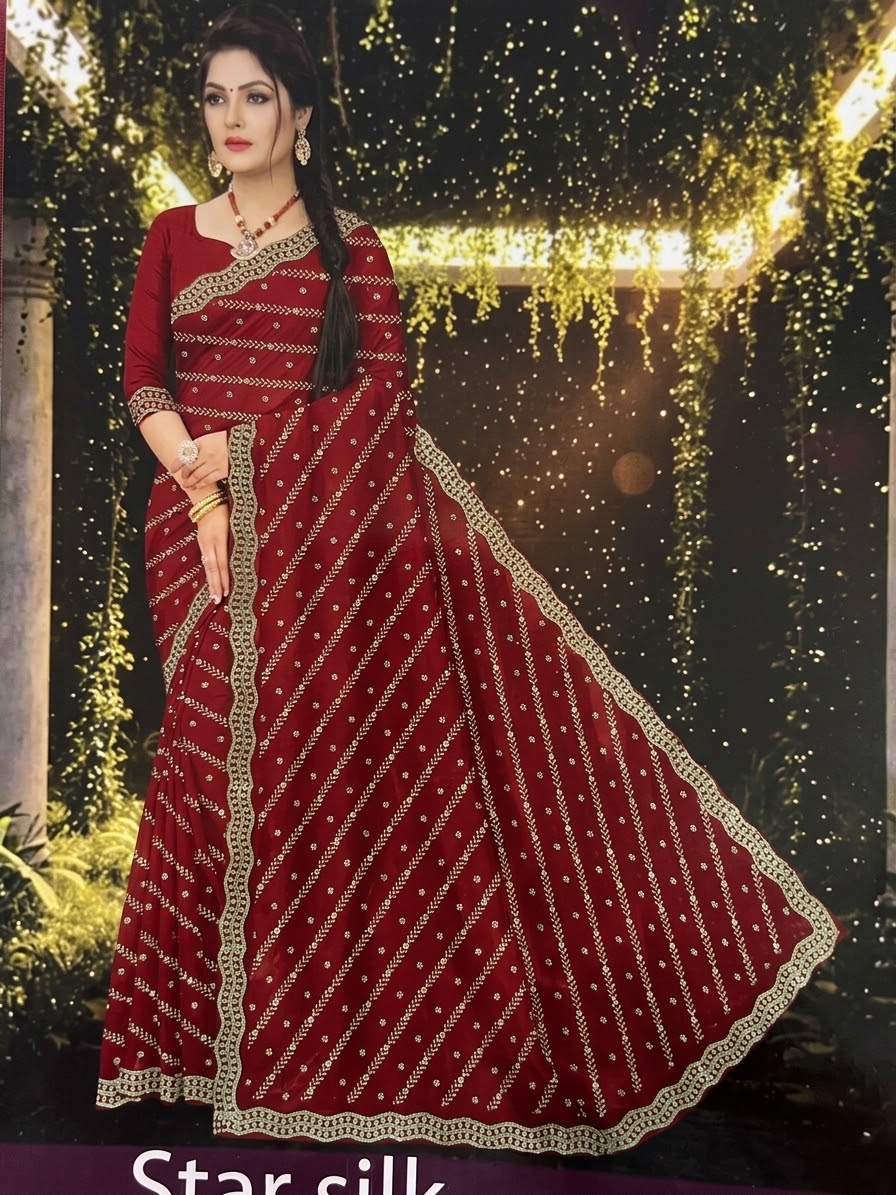 Maroon Star Silk Saree with Sequin Stripe Embroidery & Gold Border