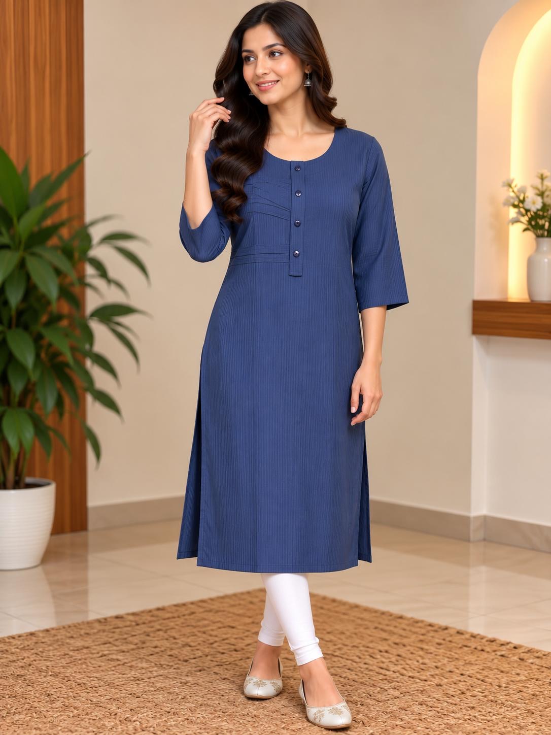 Blaues Damen-Kurta-Top mit feiner vertikaler Struktur, abgebildete Hose nicht enthalten