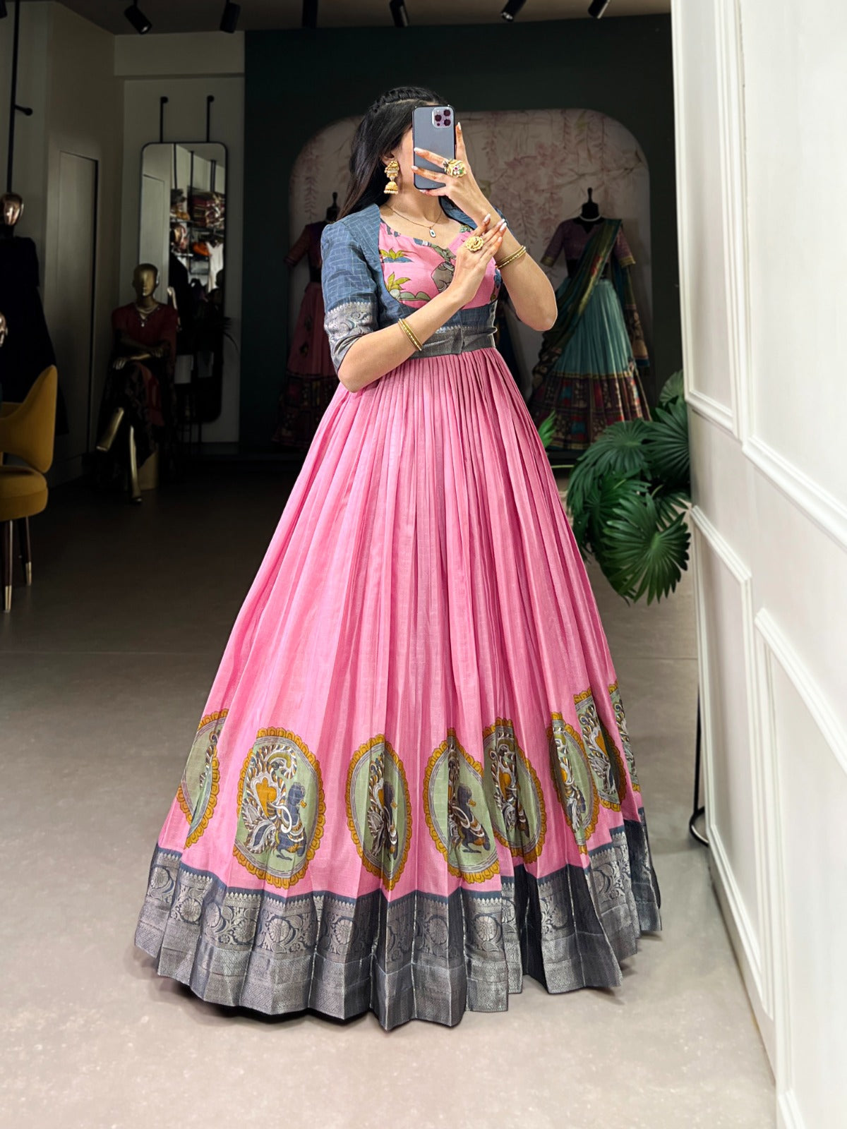 Pink Kalamkari Lehenga with Blue Silk Blouse