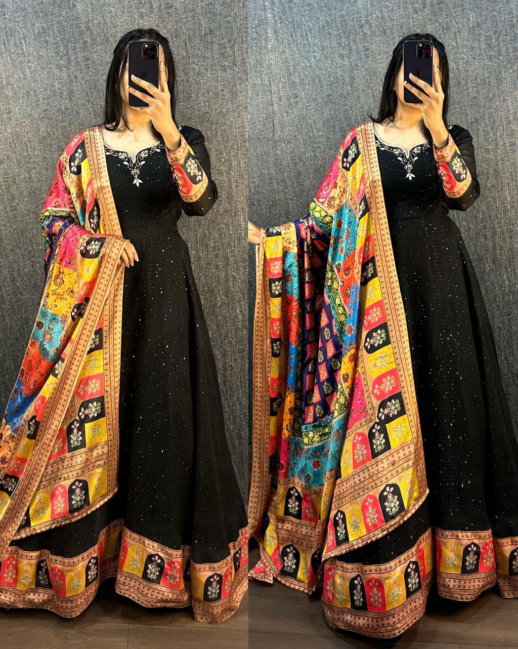 Black Sequin Anarkali Set with Multicolour Dupatta XL