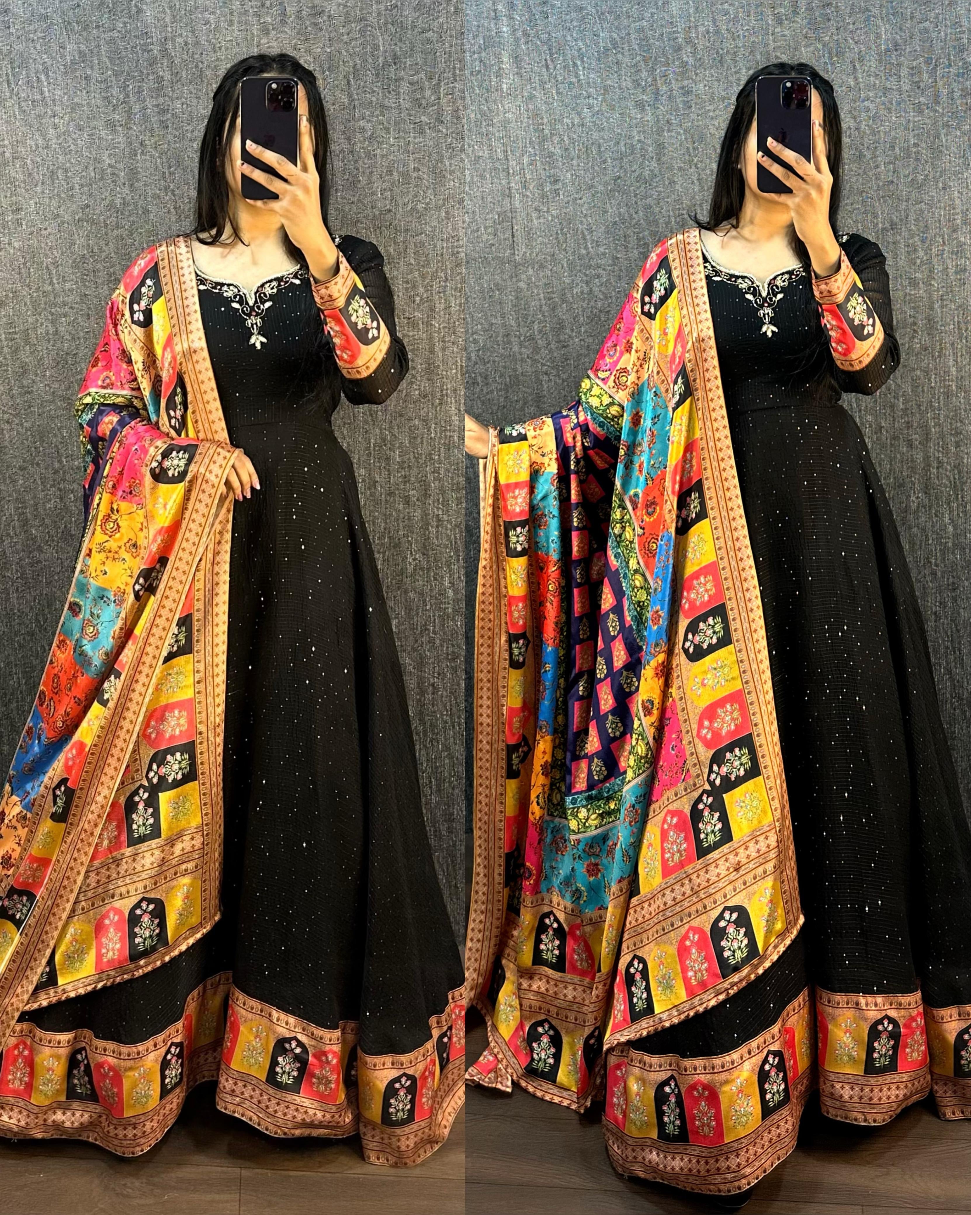 Black Sequin Anarkali Set with Multicolour Dupatta XL