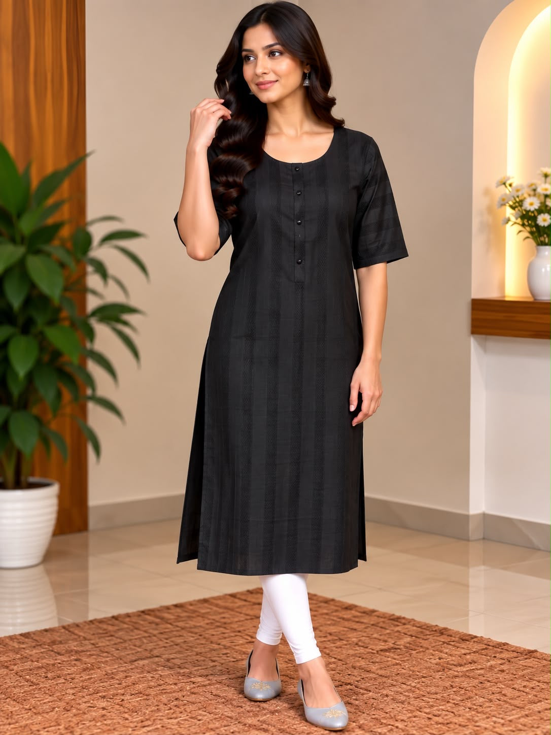 Model wearing a black button-front kurta with short sleeves