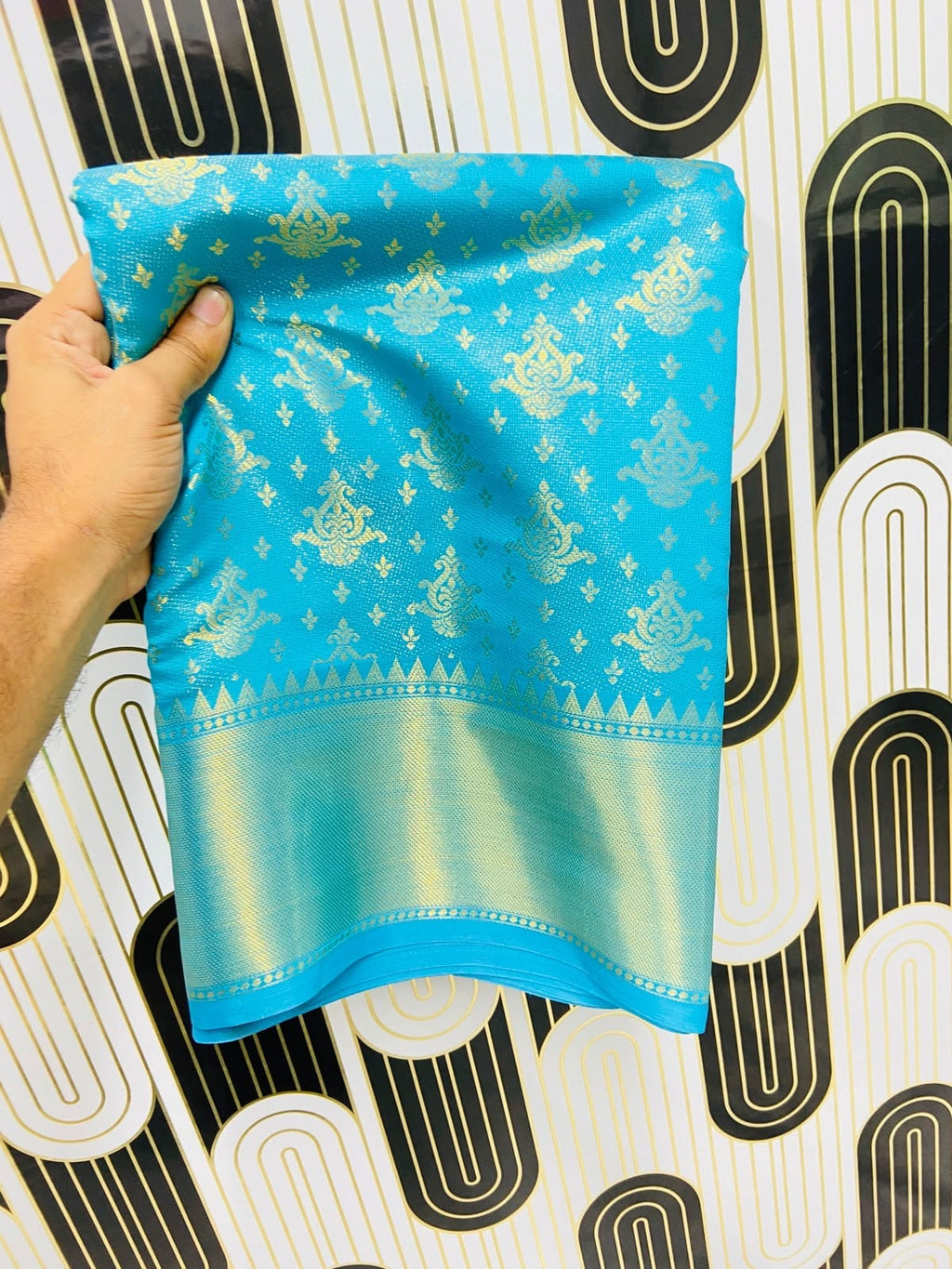 Trending Viral Banarasi Semi Soft Saree – Sky Blue with Gold Zari