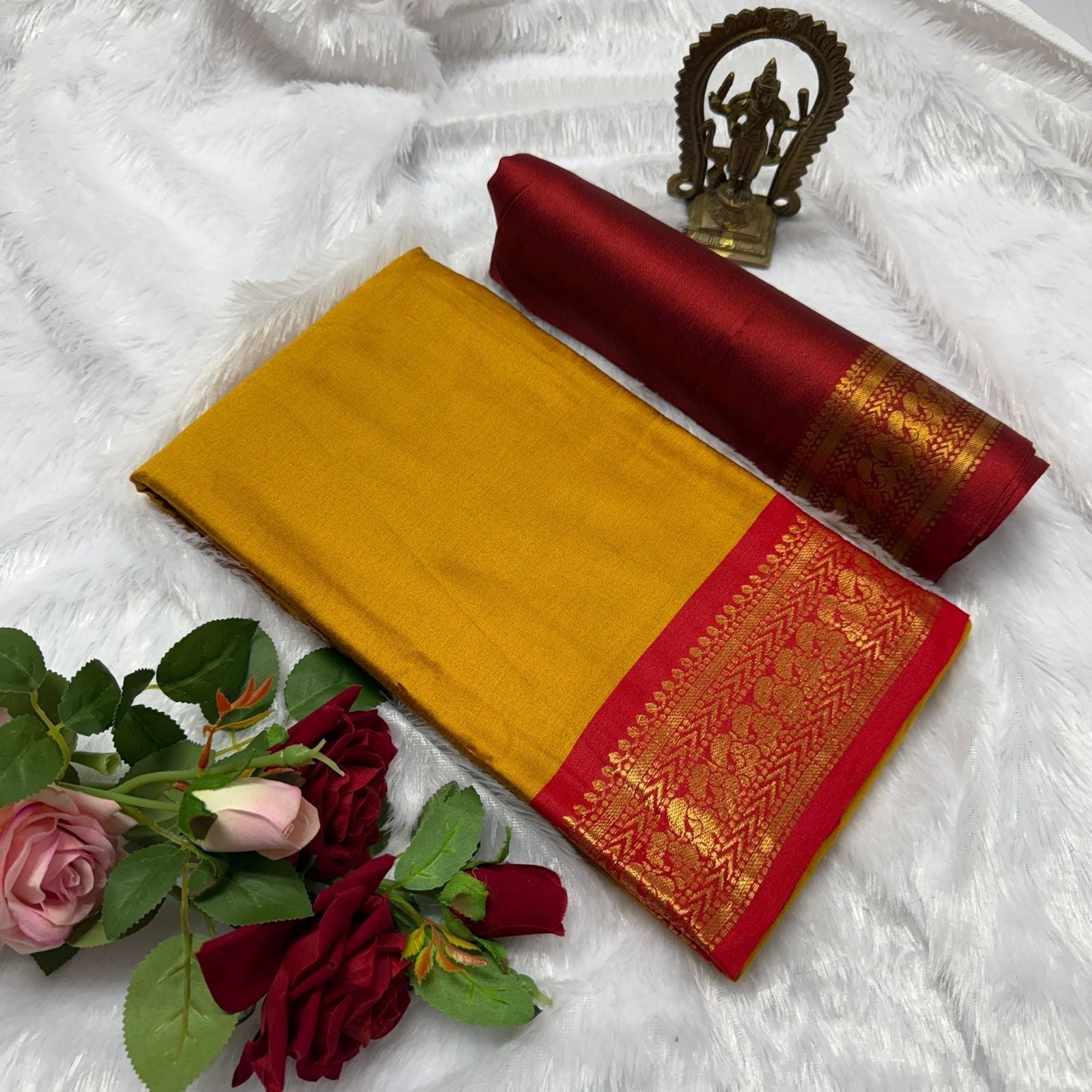 Kanjivaram Silk Saree – Mustard Yellow & Red