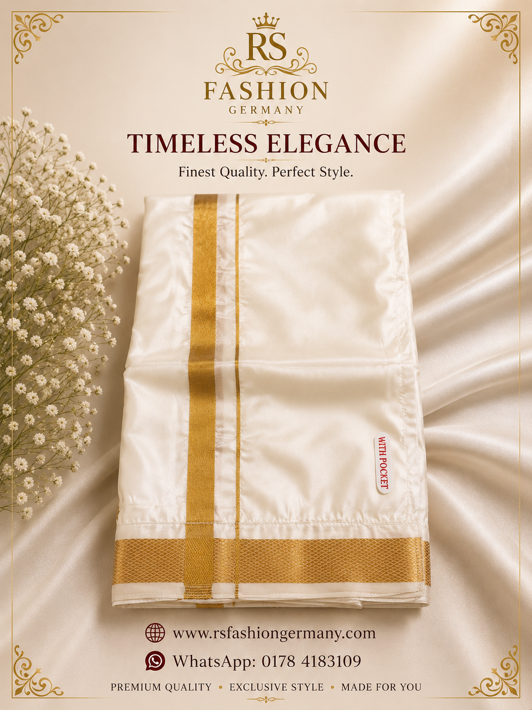 Oddu Veshti Klittenband mit Tasche – Weiß/Gold
