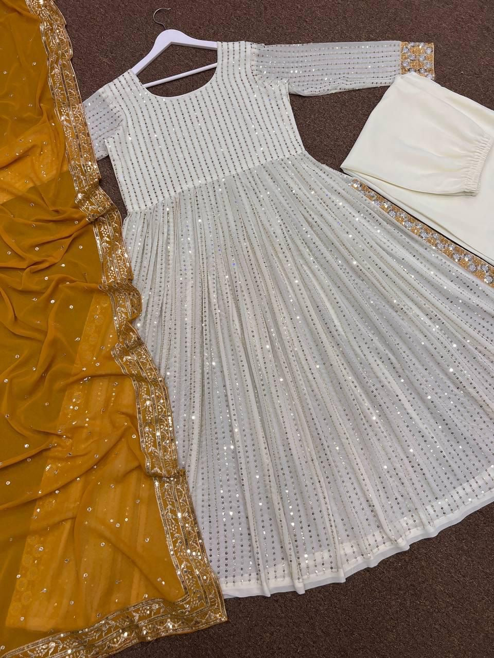 White Sequin Anarkali Set with Mustard Dupatta L-XL