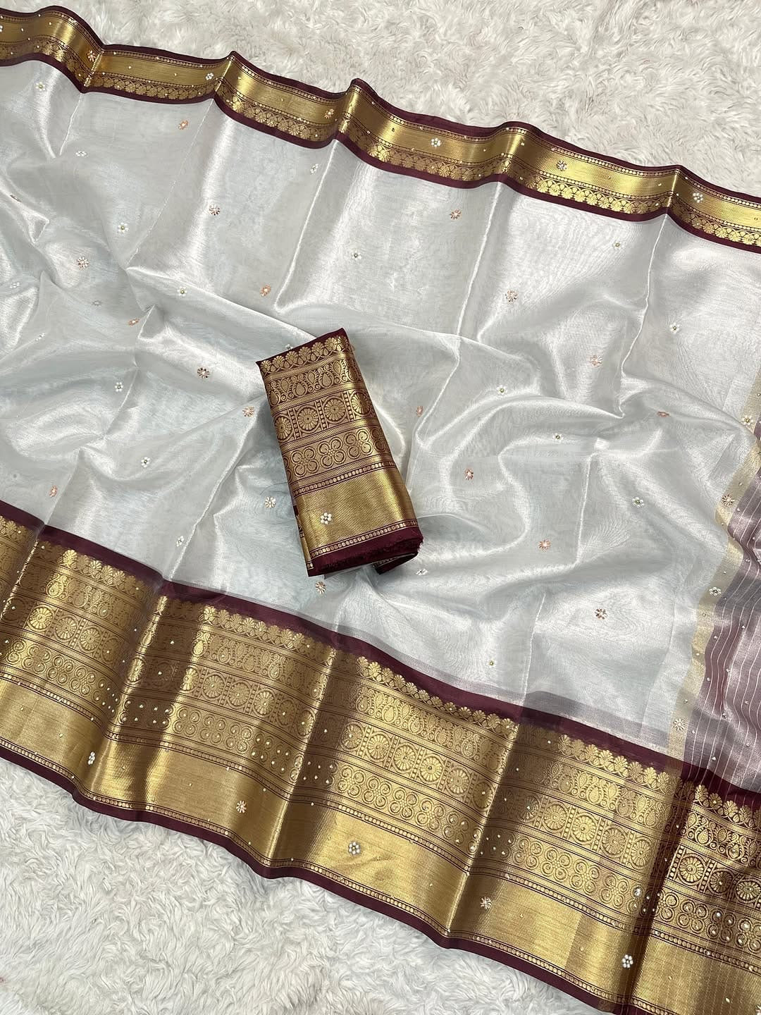 Banarasi Semi Soft Saree – White with Maroon & Gold Zari Border