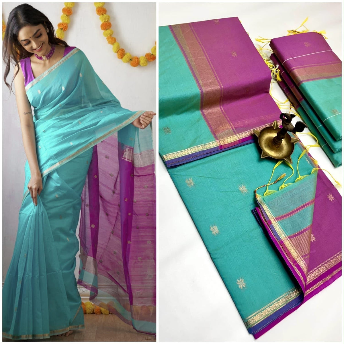 Parrot Green & Purple Silk Saree