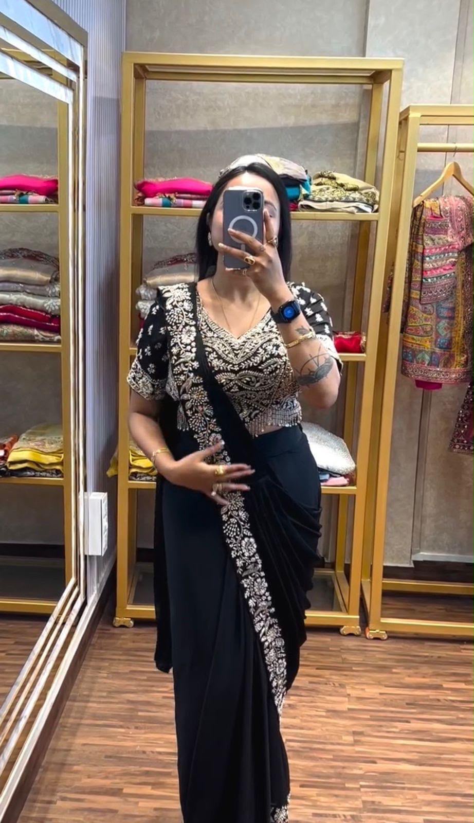 Black Drape Saree – Semi-Beads Embroidered Ready To Wear