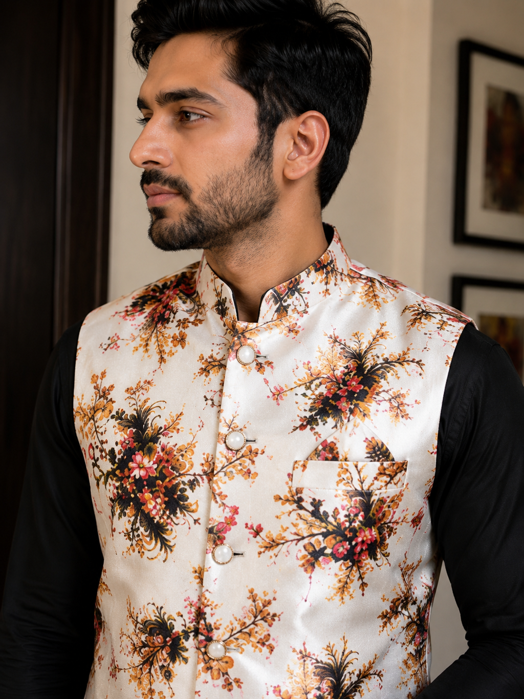 Floral Nehru Jacket – Cream