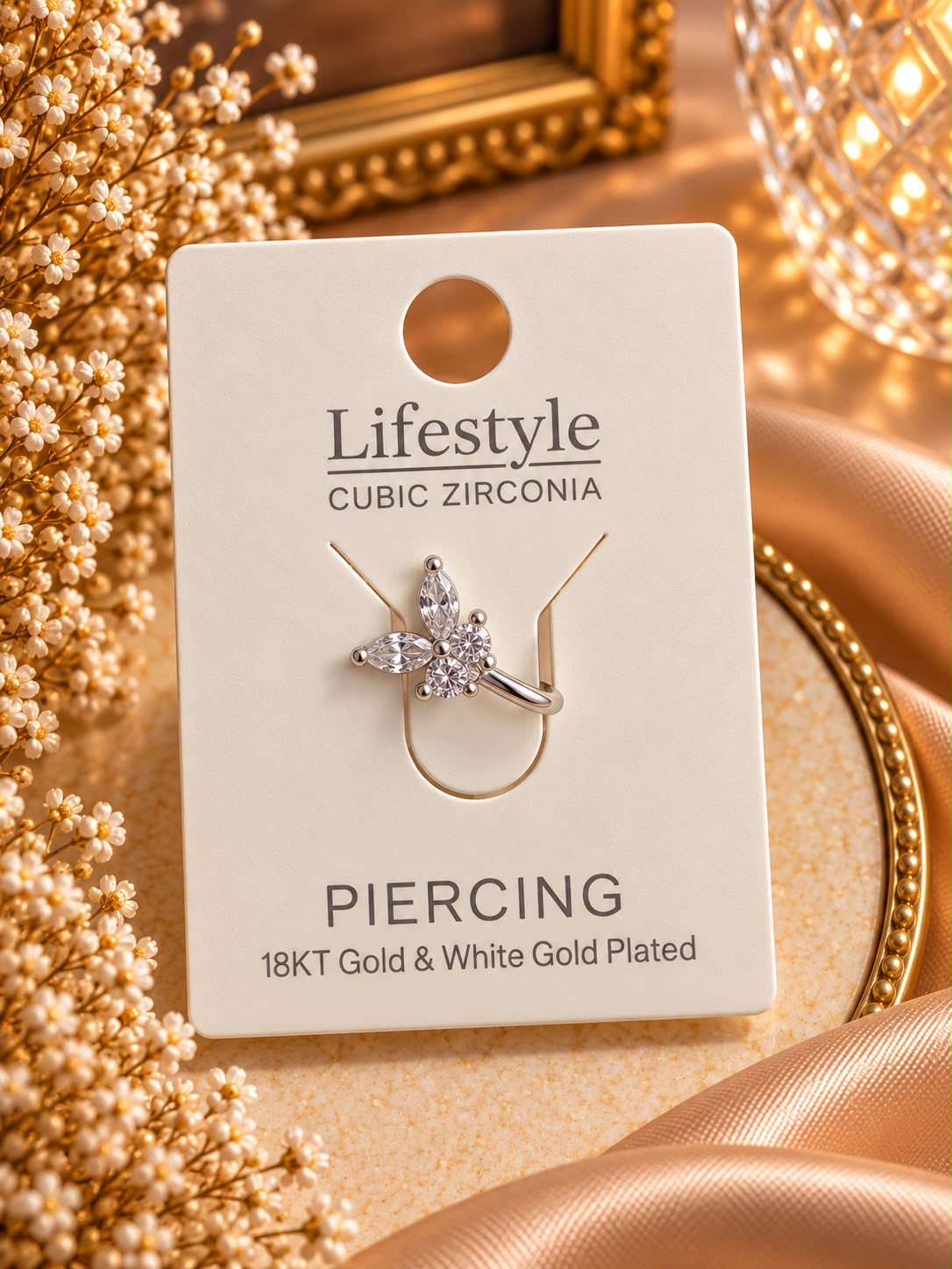 Silberfarbener Nasenring Piercing mit Schmetterlingsmotiv aus Zirkonia-Steinen