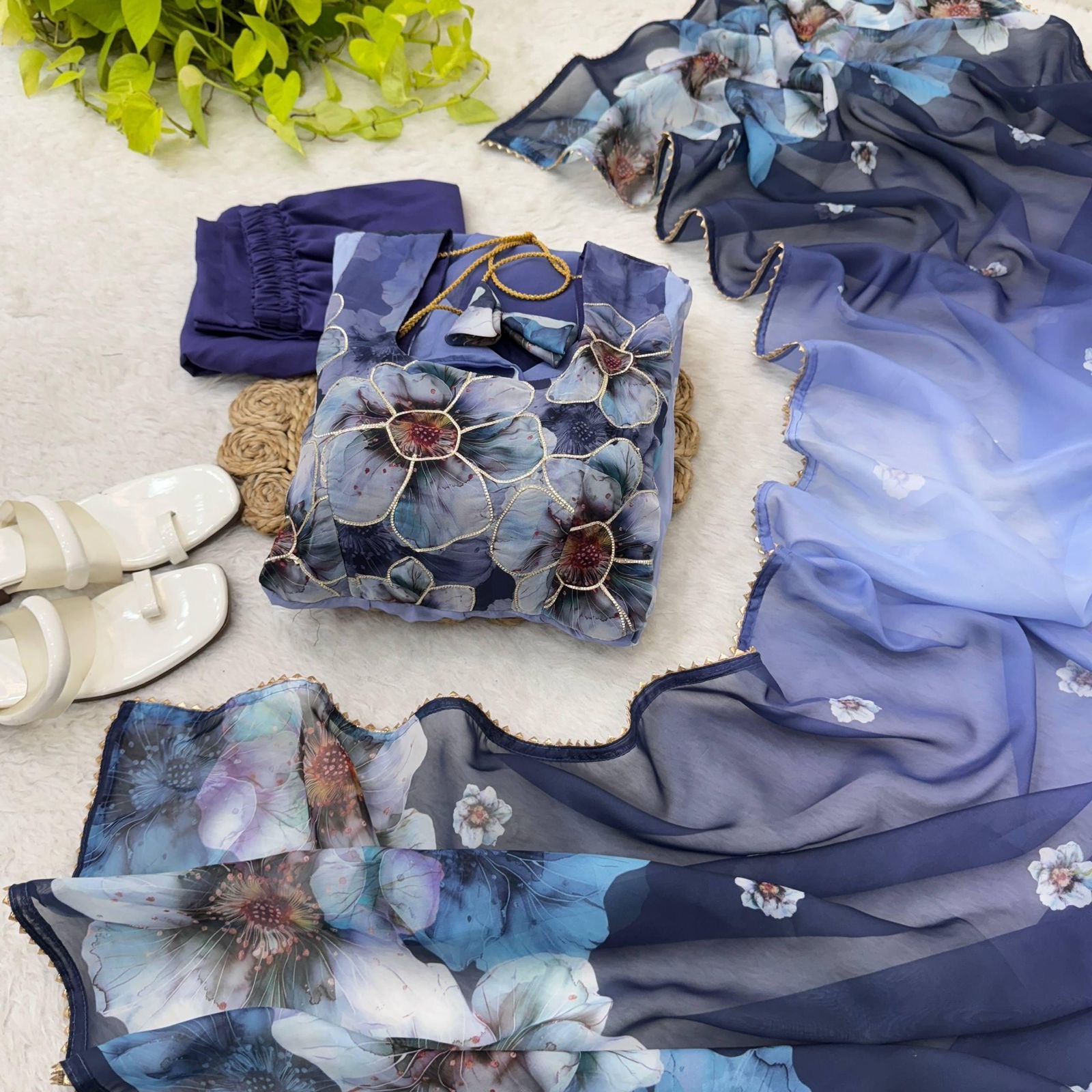 Blauwe bloemen Anarkali Maat L