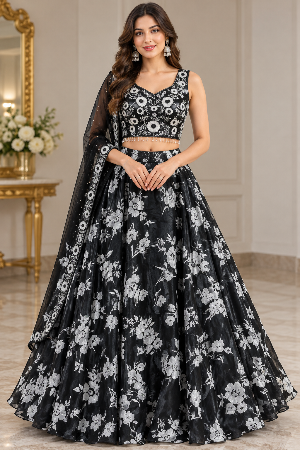 Schwarzes Lehenga-Set mit silberfarbenen Blumenmotiven und Dupatta