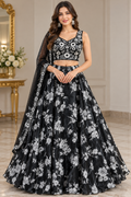Schwarzes Lehenga-Set mit silberfarbenen Blumenmotiven und Dupatta
