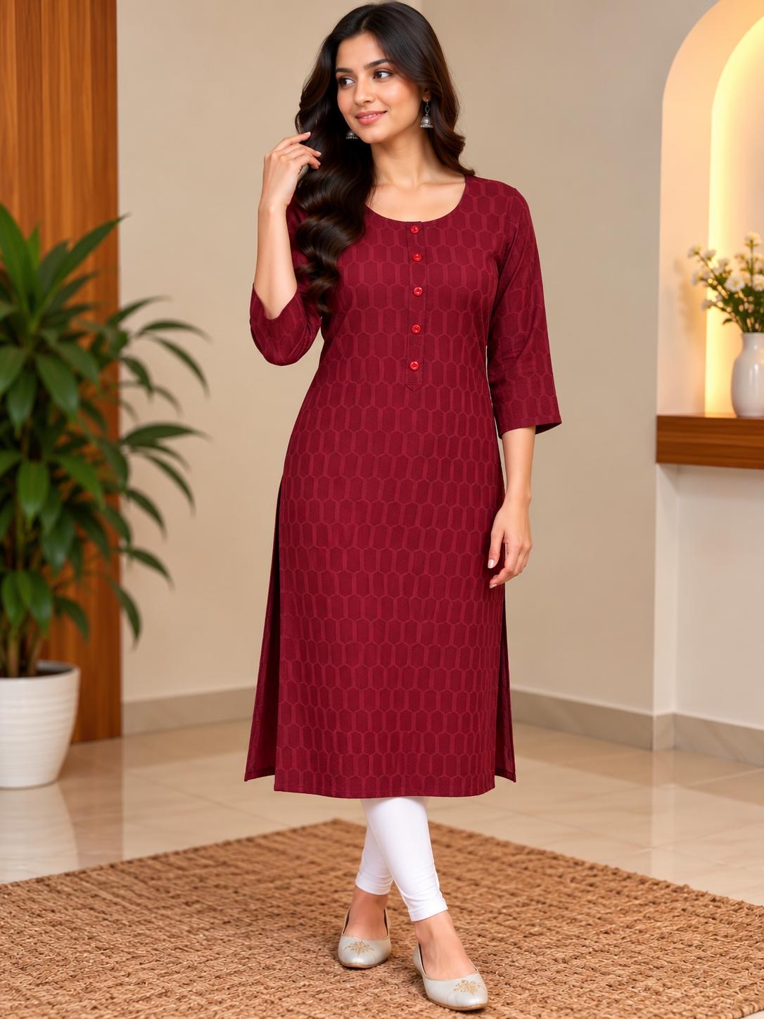 Bordeauxrotes gemustertes Damen-Kurta-Top, abgebildete Hose nicht enthalten