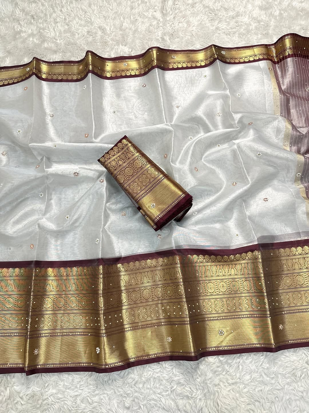 Banarasi Semi Soft Saree – White with Maroon & Gold Zari Border