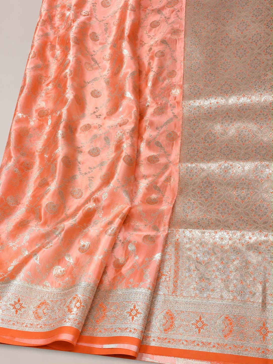 Peach Banarasi Silk Saree with Gold Zari Floral Weaving