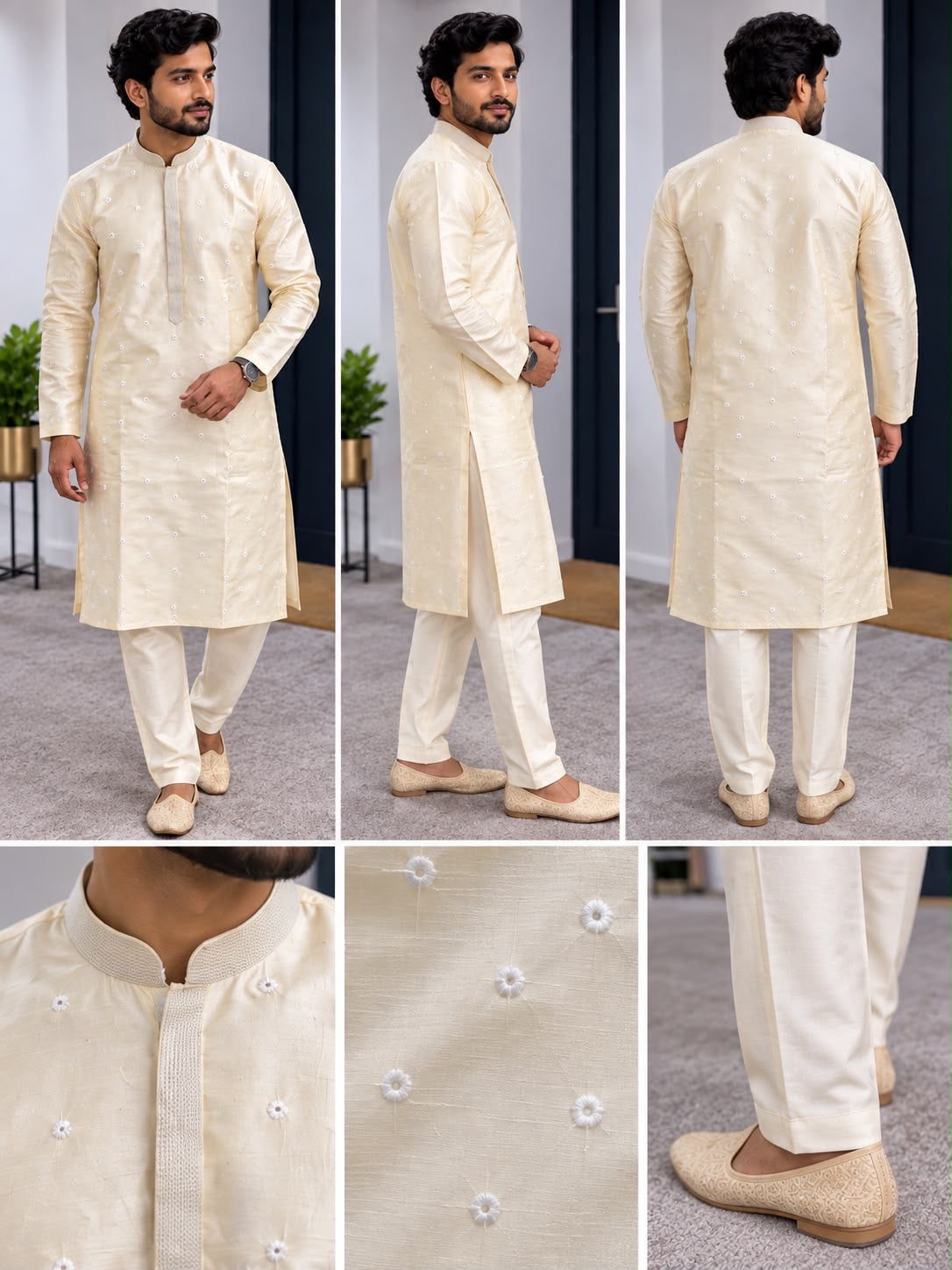Herren-Kurta-Set in Creme, mehrere Ansichten und Details