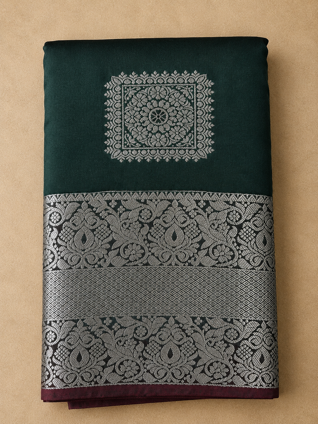 Soft Silk Saree – Dark Green with Silver Zari