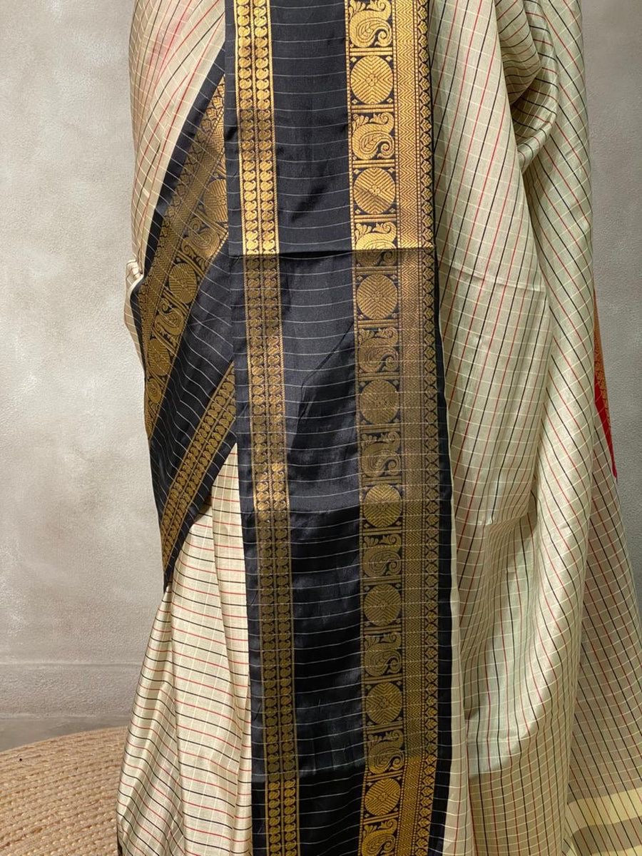 Trending Viral Collection Banarasi Semi Soft Saree – Ivory & Black